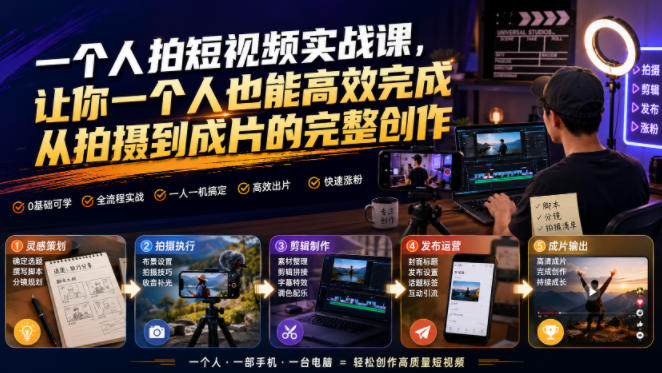 一个人拍短视频实战课，让你一个人也能高效完成从拍摄到成片的完整创作-巅峰研习社