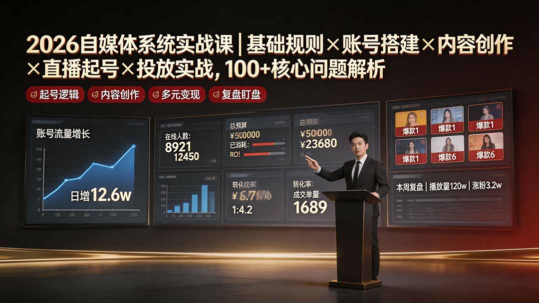 2026自媒体系统实战课|基础规则×账号搭建×内容创作×直播起号×投放实战,100+核心问题解析-巅峰研习社