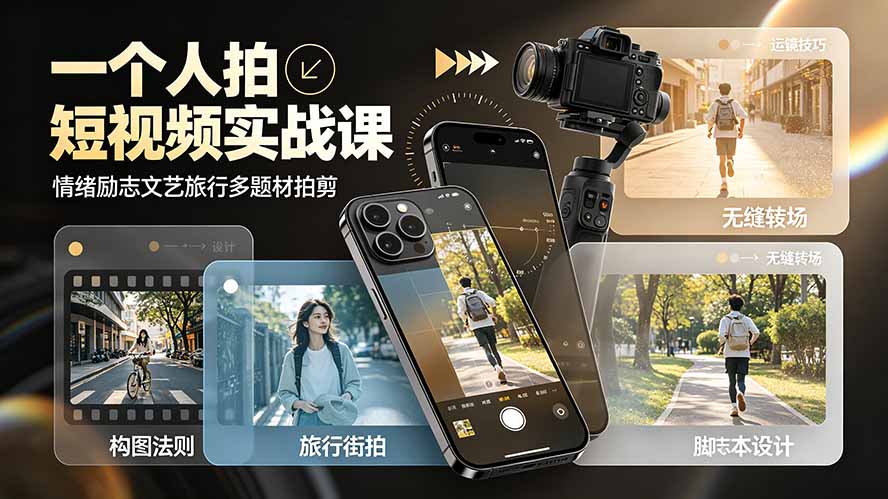 一个人拍短视频实战课：情绪励志文艺旅行多题材×五大景别×黄金构图×八大运镜，从拍摄到成片高效创作-巅峰研习社