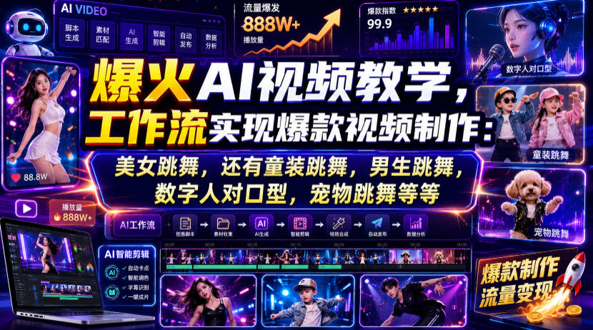 爆火AI视频教学,工作流实现爆款视频制作:美女跳舞,还有童装跳舞,男生跳舞,数字人对口型,宠物跳舞等等