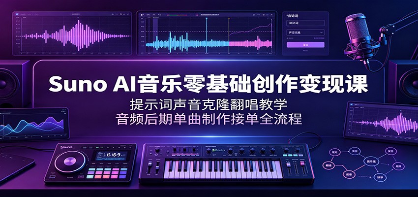 Suno AI音乐零基础创作变现课：提示词声音克隆翻唱教学，音频后期单曲制作接单全流程-巅峰研习社