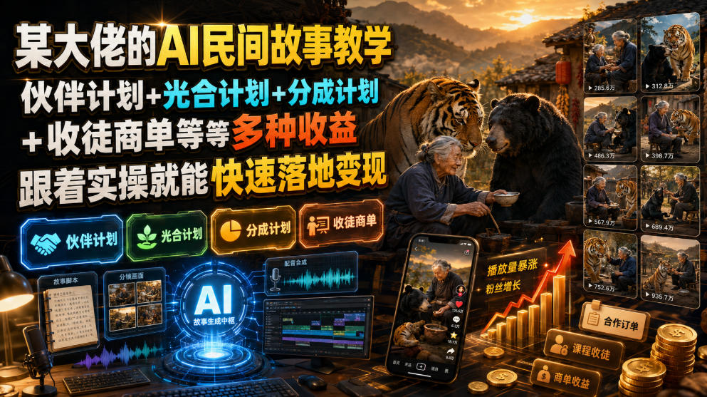 某大佬的AI民间故事教学,伙伴计划+光合计划+分成计划+收徒商单等多种收益,跟着实操就能快速落地变现-巅峰研习社