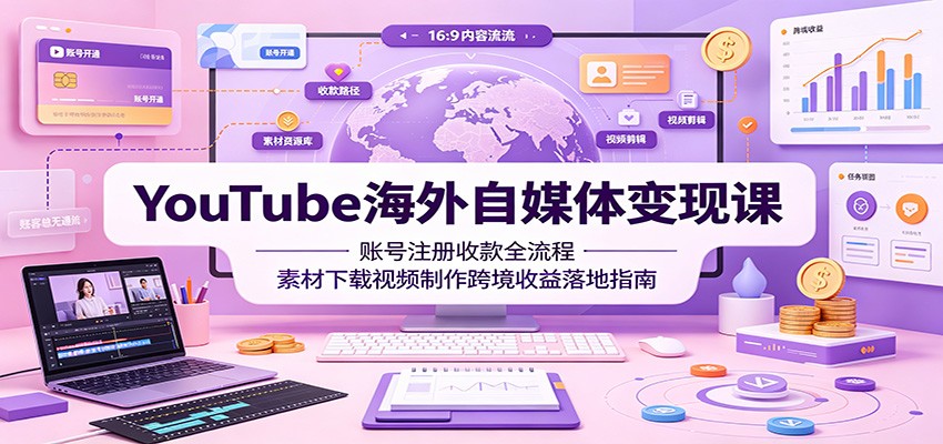 YouTube海外自媒体变现课:账号注册收款全流程,素材下载视频制作跨境收益落地指南-巅峰研习社