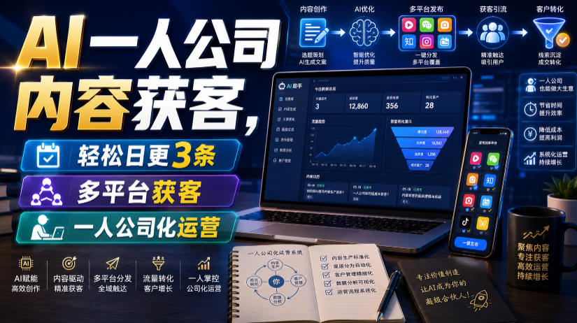 AI一人公司内容获客，轻松日更3条，多平台获客，一人公司化运营-巅峰研习社