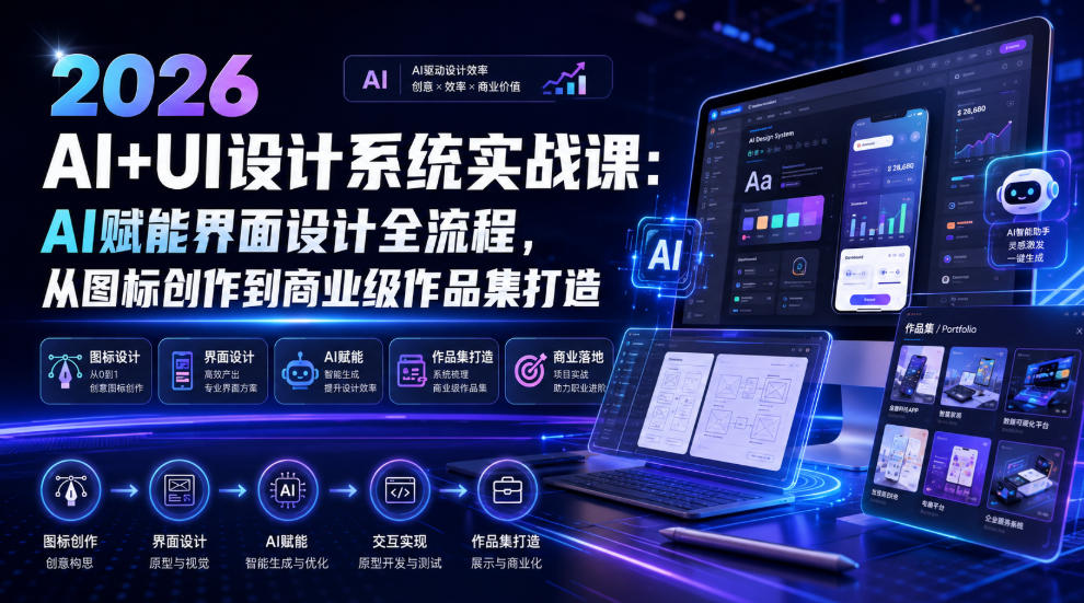 2026 AI+UI设计系统实战课：AI赋能界面设计全流程，从图标创作到商业级作品集打造-巅峰研习社