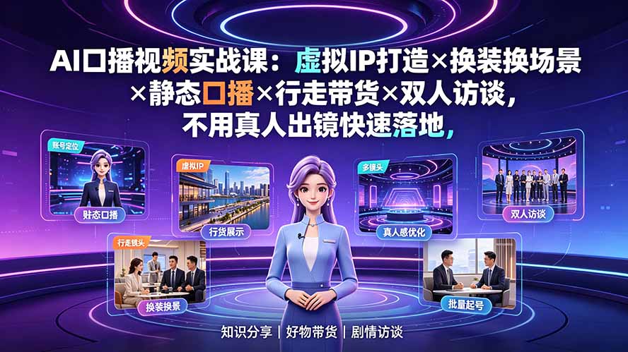 AI口播视频实战课：虚拟IP打造×换装换场景×静态口播×行走带货×双人访谈，不用真人出镜快速落地-巅峰研习社