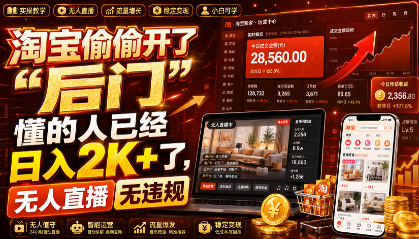 淘宝偷偷开了“后门”，懂的人已经日入2K+了，无人直播无违规，一台电脑=一家24小时营业的线上门店【揭秘】-巅峰研习社