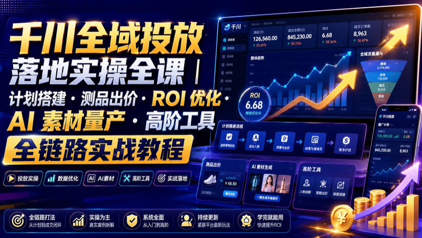 千川全域投放落地实操全课｜计划搭建・测品出价・ROI优化・AI素材量产・高阶工具全链路实战教程-巅峰研习社