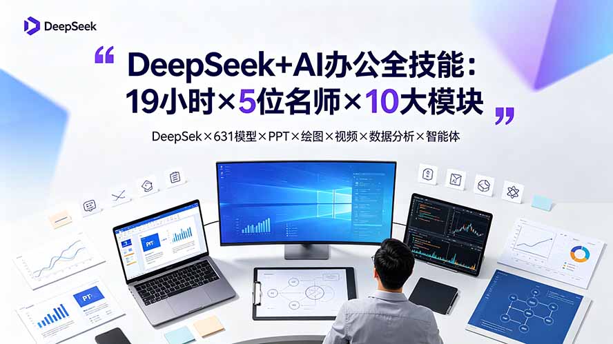 DeepSeek+AI办公全技能：19小时×5位名师×10大模块，DeepSeek×631模型×PPT×绘图×视频×数据分析×智能体-巅峰研习社
