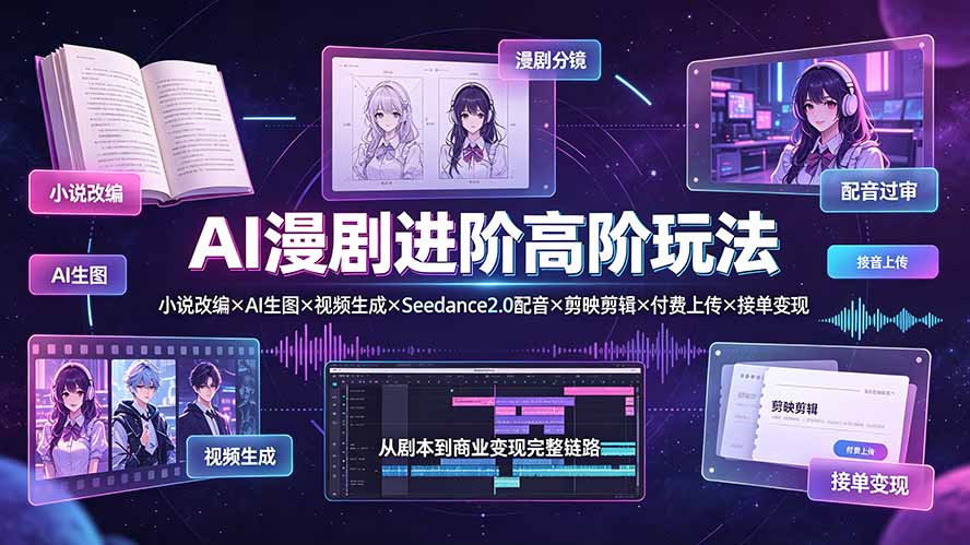 AI漫剧进阶高阶玩法：小说改编×AI生图×视频生成×Seedance2.0配音×剪映剪辑×付费上传×接单变现-巅峰研习社