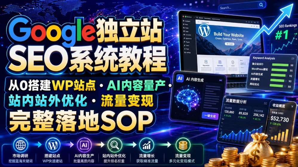 Google独立站SEO系统教程，从0搭建WP站点・AI内容量产・站内站外优化・流量变现完整落地SOP(2026年7月)-巅峰研习社