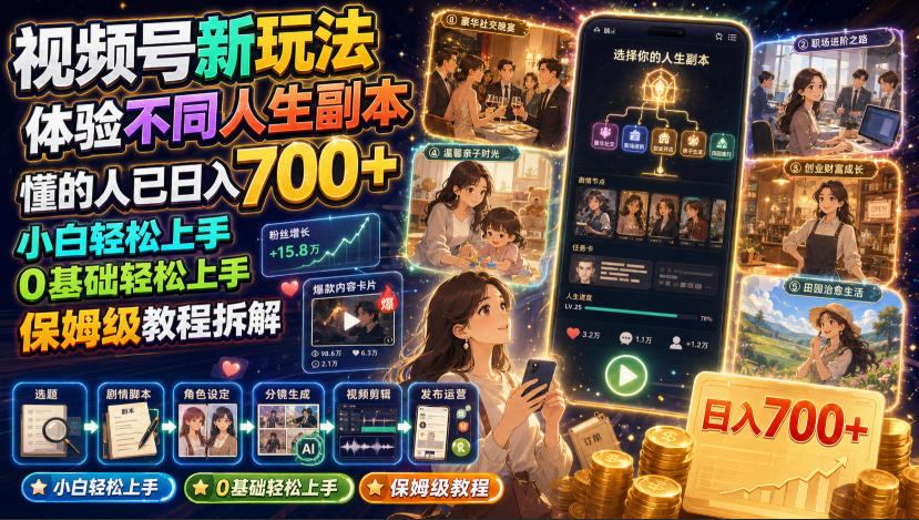 视频号新玩法体验不同人生副本，懂的人已日入700+，小白轻松上手，0基础轻松上手，保姆级教程拆解-巅峰研习社