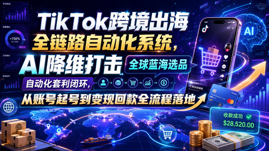 TikTok跨境出海全链路自动化系统，AI降维打击全球蓝海选品自动化套利闭环，从账号起号到变现回款全流程落地(2026年7月)-巅峰研习社
