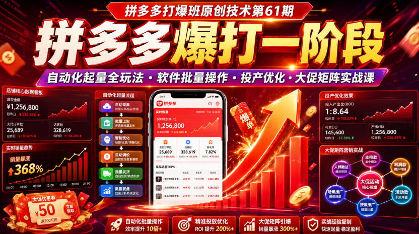 拼多多打爆班原创技术第61期,拼多多爆打一阶段,自动化起量全玩法・软件批量操作・投产优化・大促矩阵实战课-巅峰研习社