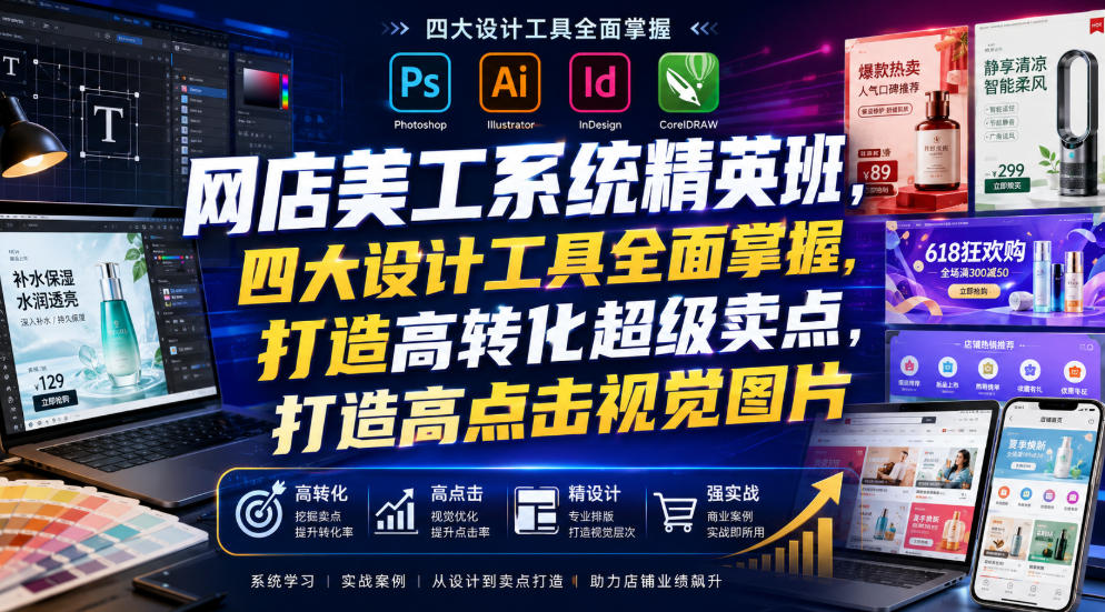 网店美工系统精英班,四大设计工具全面掌握,打造高转化超级卖点,打造高点击视觉图片(2026年7月)-巅峰研习社