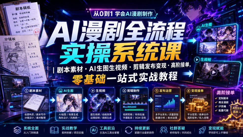 AI漫剧全流程实操系统课｜剧本素材・AI生图生视频・剪辑发布变现・高阶接单，零基础一站式实战教程-巅峰研习社