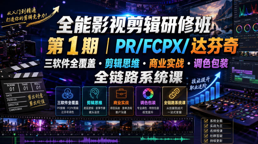 全能影视剪辑研修班第1期｜PR/FCPX/达芬奇三软件全覆盖・剪辑思维・商业实战・调色包装全链路系统课-巅峰研习社