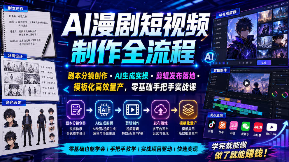 AI漫剧短视频制作全流程｜剧本分镜创作・AI生成实操・剪辑发布落地・模板化高效量产，零基础手把手实战课-巅峰研习社