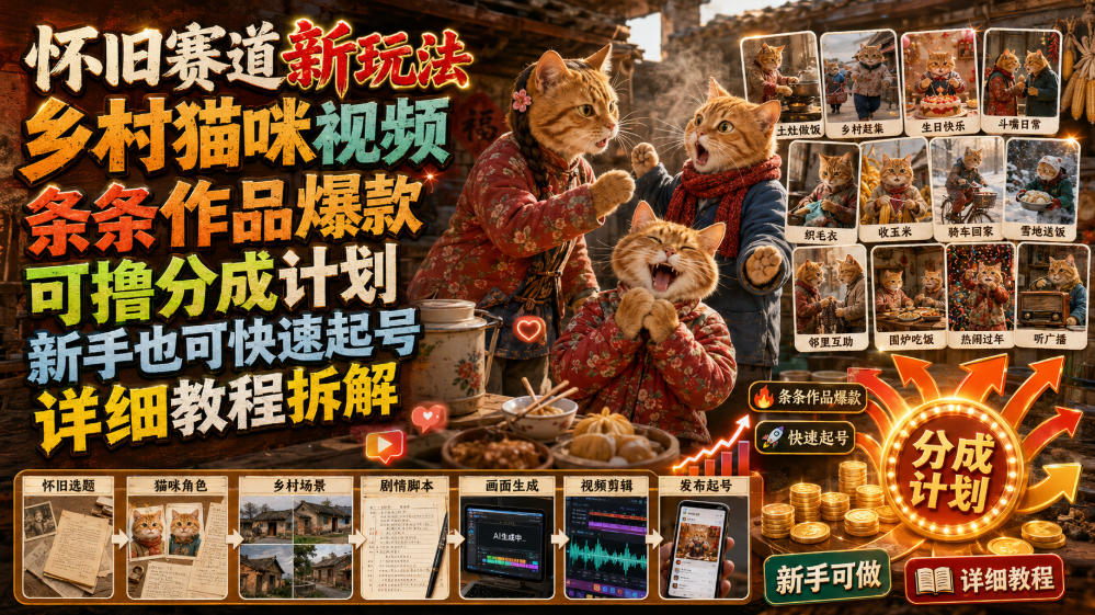 怀旧赛道新玩法,乡村猫咪视频,条条作品爆款,可撸分成计划,新手也可快速起号,详细教程拆解-巅峰研习社