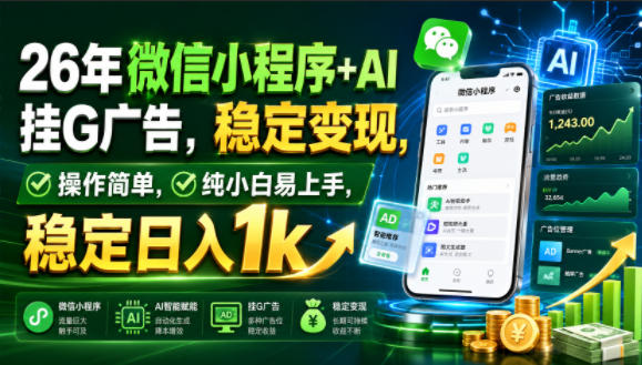 26年微信小程序+AI挂G广告，稳定变现，操作简单，纯小白易上手，稳定日入1k【揭秘】-巅峰研习社