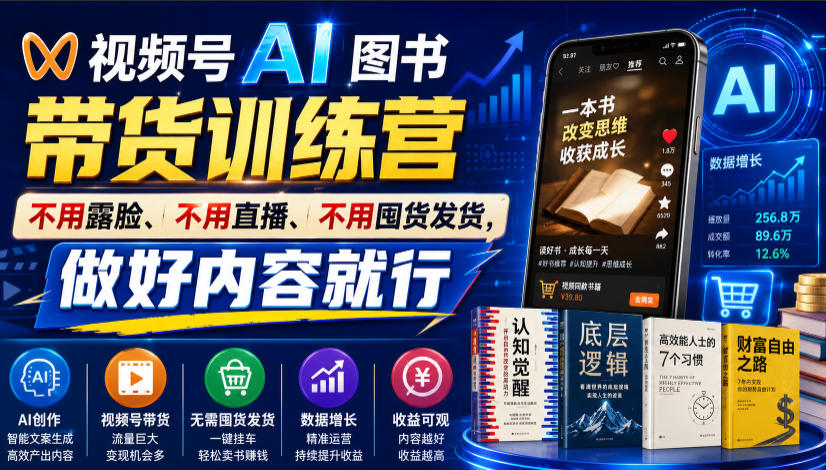 视频号AI图书带货训练营，不用露脸、不用直播、不用囤货发货，做好内容就行，一条爆款视频佣金8942-巅峰研习社