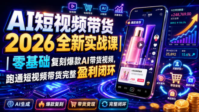 AI短视频带货2026全新实战课|零基础复刻爆款AI带货视频,跑通短视频带货完整盈利闭环-巅峰研习社
