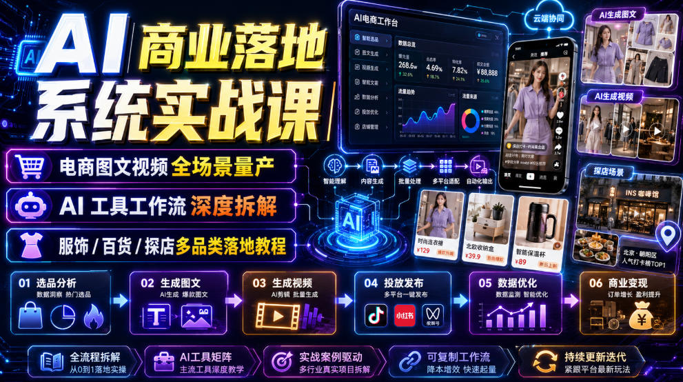 AI商业落地系统实战课｜电商图文视频全场景量产・AI工具工作流深度拆解・服饰/百货/探店多品类落地教程-巅峰研习社