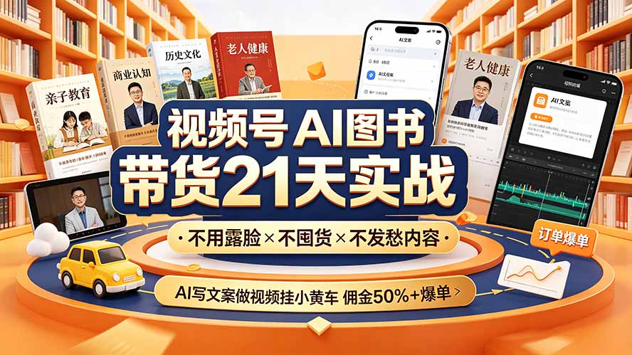 视频号AI图书带货21天实战:不用露脸×不囤货×不发愁内容,AI写文案做视频挂小黄车,佣金50%+爆单-巅峰研习社