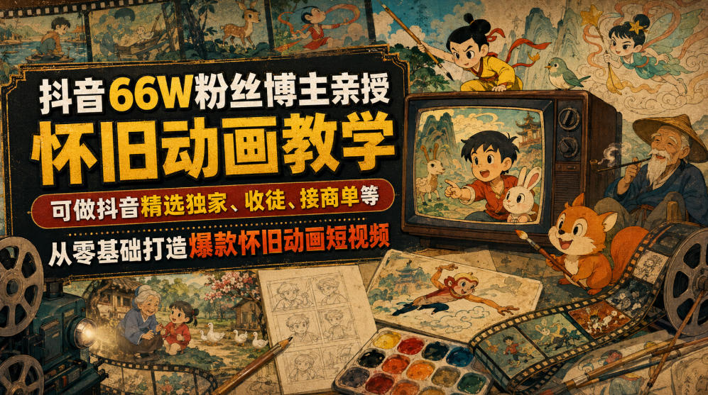 抖音66W粉丝博主亲授怀旧动画教学，可做抖音精选独家、收徒、接商单等，从零基础打造爆款怀旧动画短视频-巅峰研习社