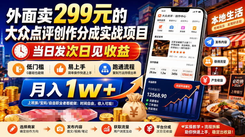 外面卖299元的大众点评创作分成实战项目,当日发次日见收益,低门槛易上手,跑通流程月入1w+-巅峰研习社