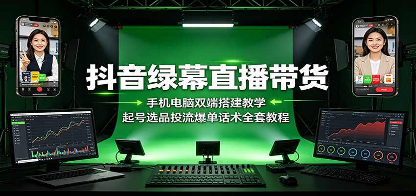 抖音绿幕直播带货：手机电脑双端搭建教学，起号选品投流爆单话术全套教程-巅峰研习社