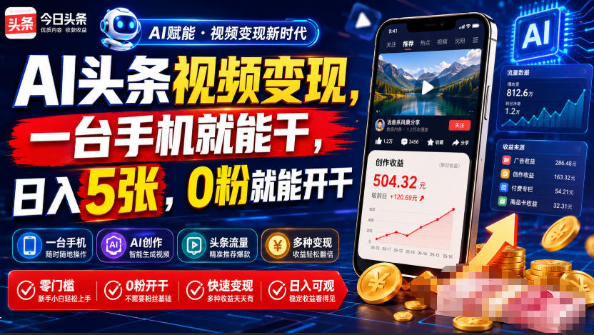 AI头条视频变现，一台手机就能干，日入5张，0粉就能开干-巅峰研习社
