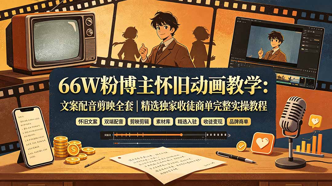 66W粉博主怀旧动画教学:文案配音剪映全套|精选独家收徒商单完整实操教程-巅峰研习社