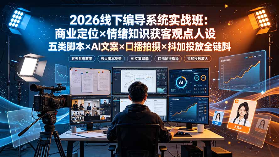 2026线下编导系统实战班：商业定位×情绪知识获客观点人设五类脚本×AI文案×口播拍摄×抖加投放全链路-巅峰研习社