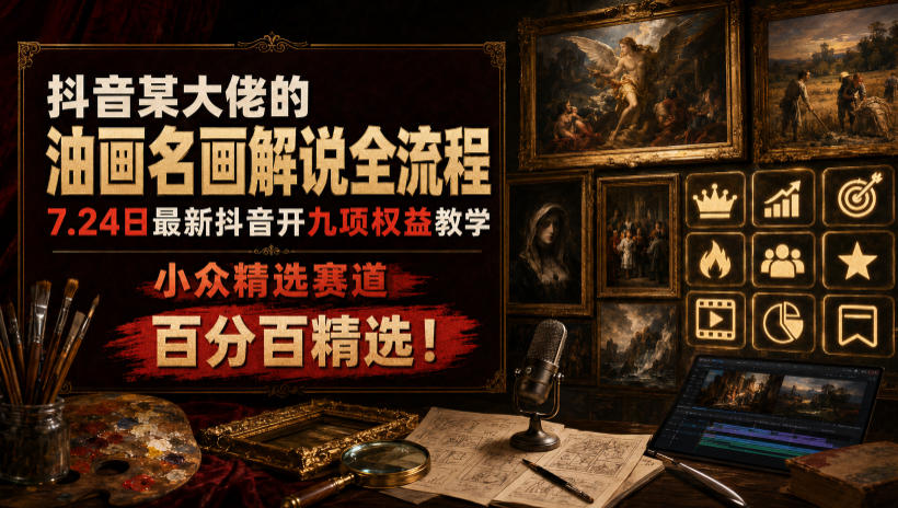 抖音某大佬的油画名画解说全流程,7.24日最新抖音开九项权益教学,小众精选赛道,百分百精选!-巅峰研习社