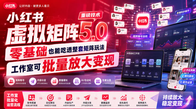 小红书虚拟矩阵5.0重磅技术,零基础也能吃透整套矩阵玩法,工作室可批量放大变现-巅峰研习社