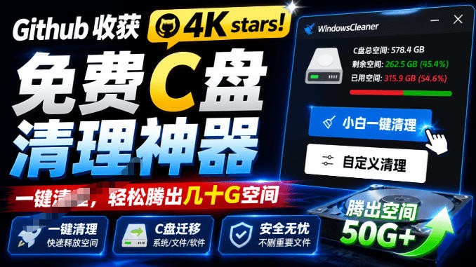 Github收获4K stars！免费C盘清理神器，轻松腾出几十G空间，支持C盘迁移Windows Cleaner-巅峰研习社