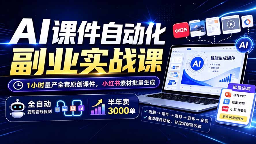 AI课件自动化副业实战课：1小时量产全套原创课件×小红书素材批量生成×全自动变现管线×半年卖3000单-巅峰研习社