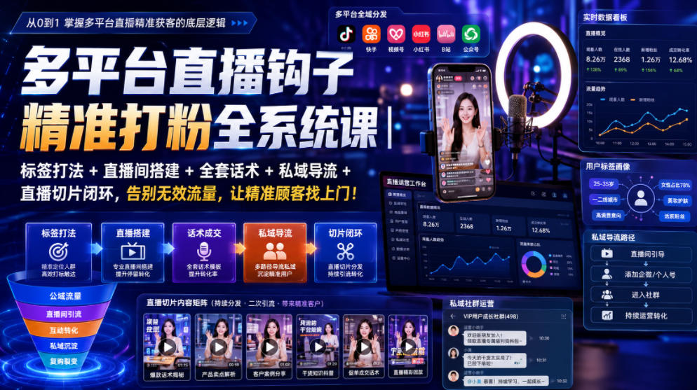 多平台直播钩子精准打粉全系统课|标签打法+直播间搭建+全套话术+私域导流+直播切片闭环,告别无效流量,让精准顾客找上门!-巅峰研习社