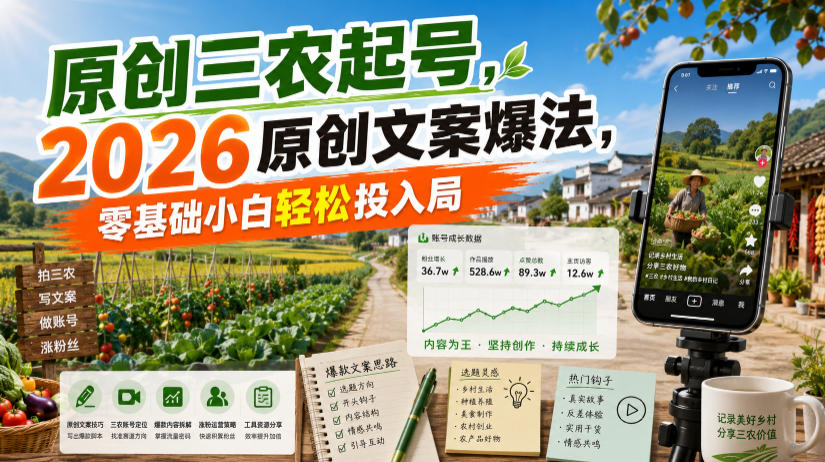 原创三农起号，2026原创文案爆法，零基础小白轻松投入局-巅峰研习社