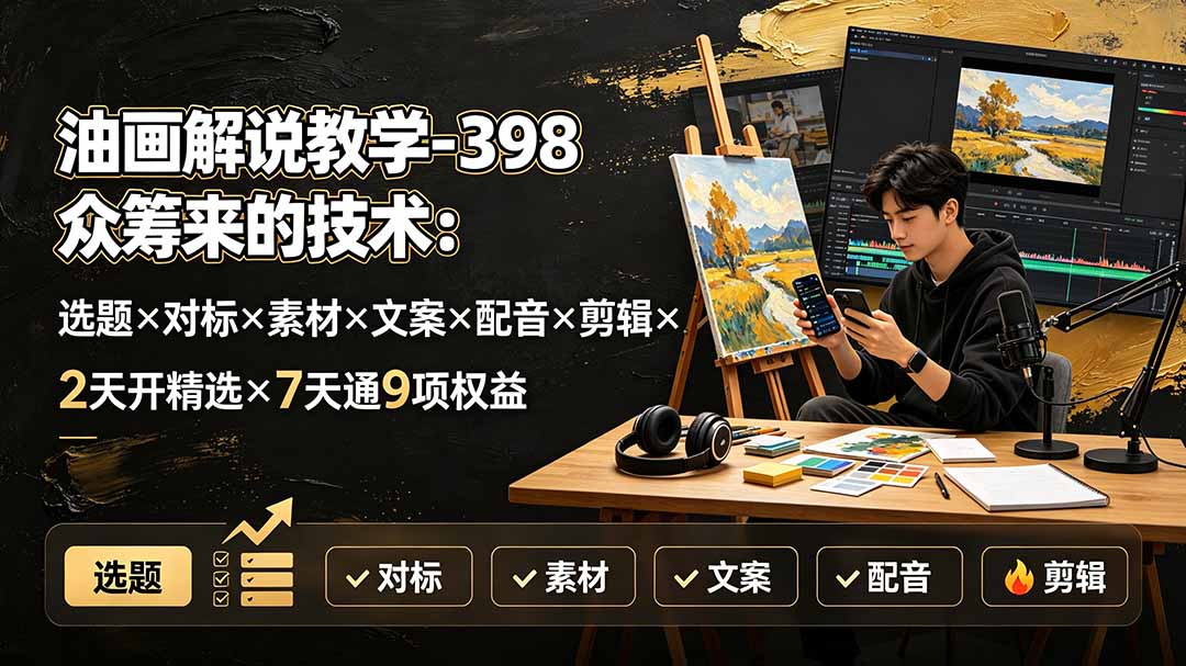 油画解说教学-398众筹来的技术:选题×对标×素材×文案×配音×剪辑×2天开精选×7天通9项权益-巅峰研习社
