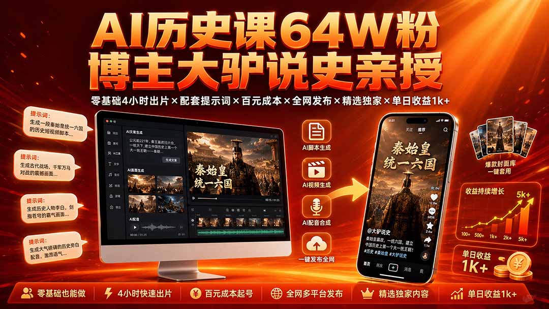 AI历史课64W粉博主大驴说史亲授:零基础4小时出片×配套提示词×百元成本×全网发布×精选独家×单日收益1k+-巅峰研习社