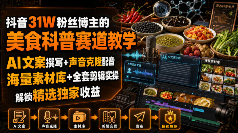 抖音31W粉丝博主的美食科普赛道教学,AI文案撰写+声音克隆配音+剪辑实操,解锁精选独家收益-巅峰研习社