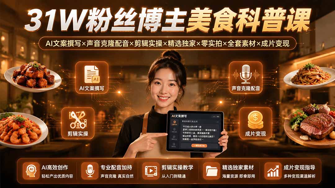 31W粉丝博主美食科普课：AI文案撰写×声音克隆配音×剪辑实操×精选独家×零实拍×全套素材×成片变现-巅峰研习社