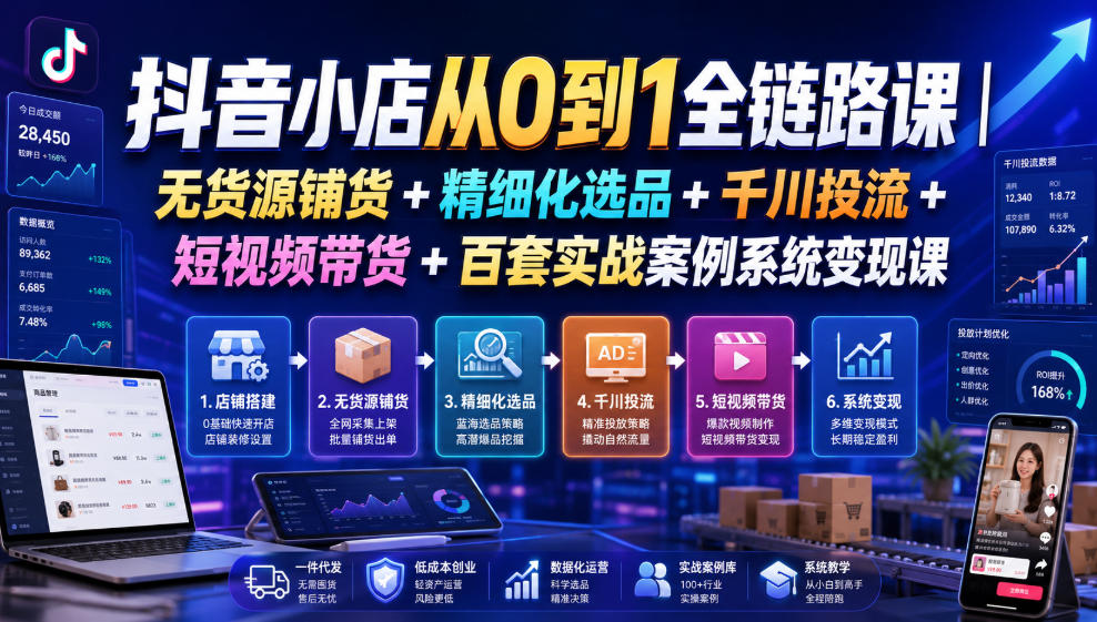 抖音小店从0到1全链路课｜无货源铺货+精细化选品+千川投流+短视频带货+百套实战案例系统变现课(2026年7月更新)-巅峰研习社