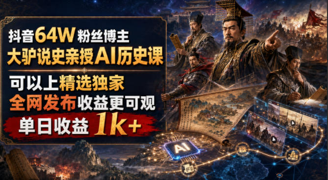 抖音64W粉丝博主大驴说史亲授AI历史课,可以上精选独家,全网发布收益更可观,单日收益1k+-巅峰研习社