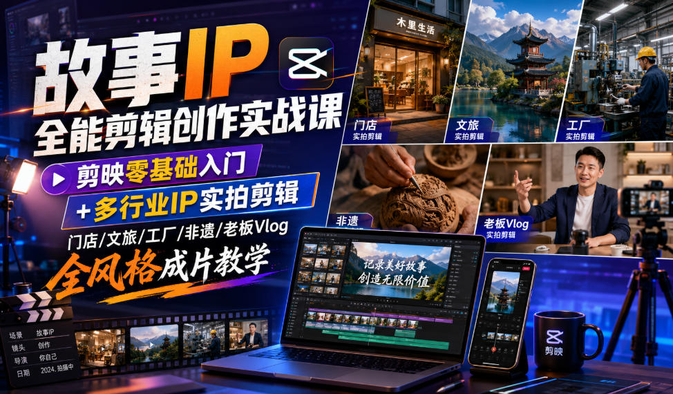 故事IP全能剪辑创作实战课｜剪映零基础入门+多行业IP实拍剪辑，门店/文旅/工厂/非遗/老板Vlog全风格成片教学-巅峰研习社