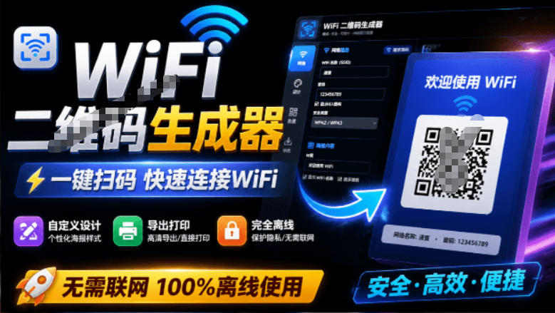 完全离线使用!WiFi二维码生成器,一键扫码快速连接WiFi,支持自定义风格导出WiFi二维码生成器-巅峰研习社