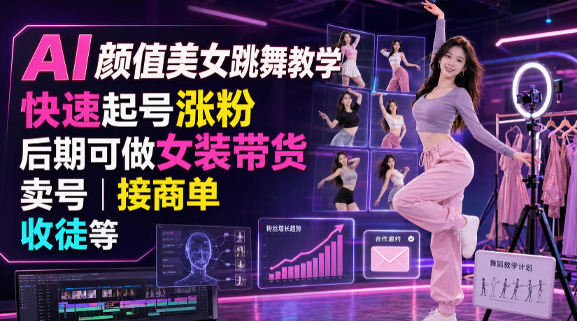 AI颜值美女跳舞教学,快速起号涨粉,后期可做女装带货,卖号,接商单,收徒等-巅峰研习社