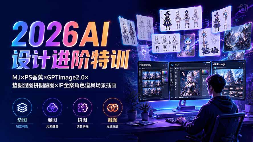 2026AI设计进阶特训:MJ×PS香蕉×GPTimage2.0×垫图混图拼图融图×IP全案角色道具场景插画-巅峰研习社